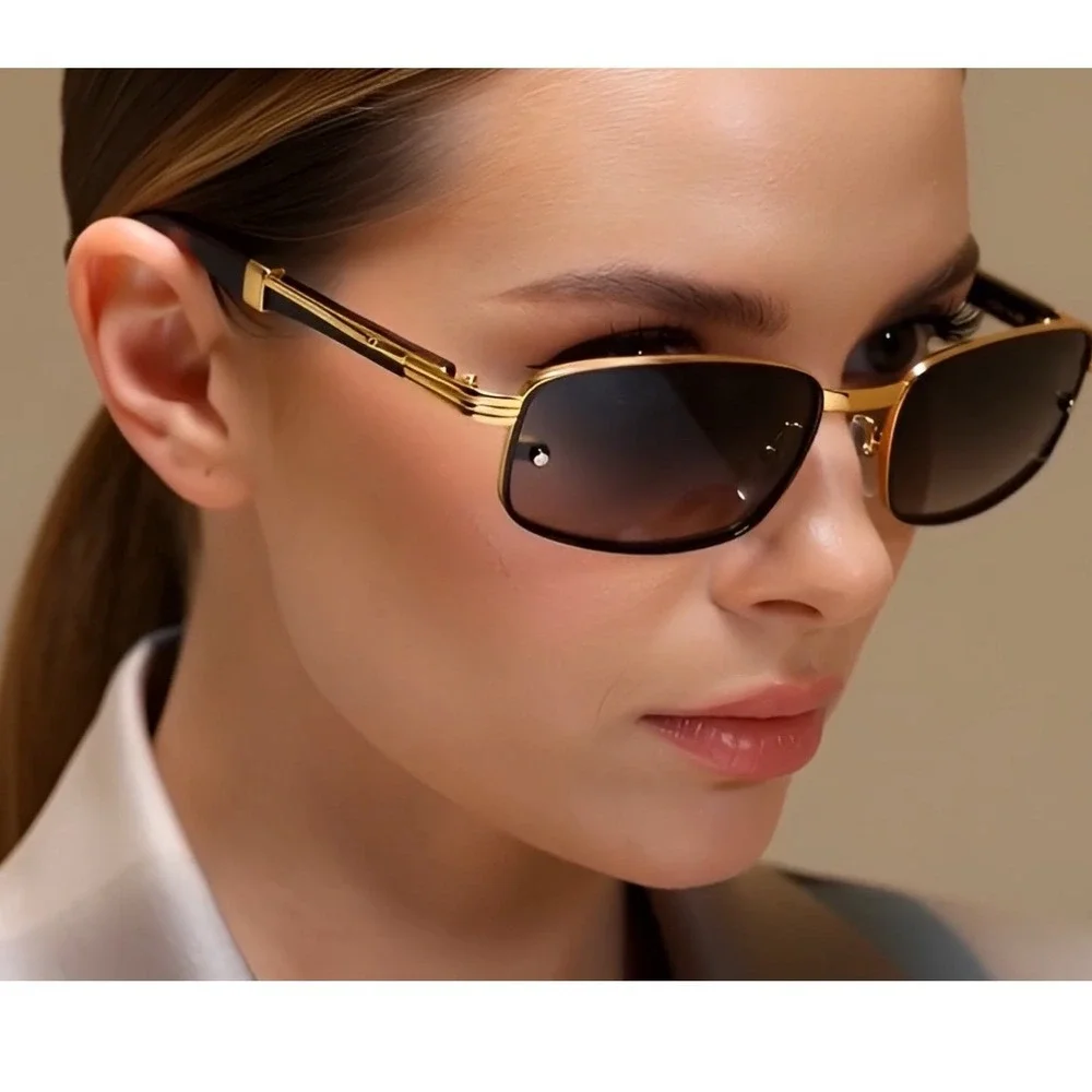 Rimless Rectangle Sunglasses Gold Frame Wood Arms Vintage Style Fashion‎ Women